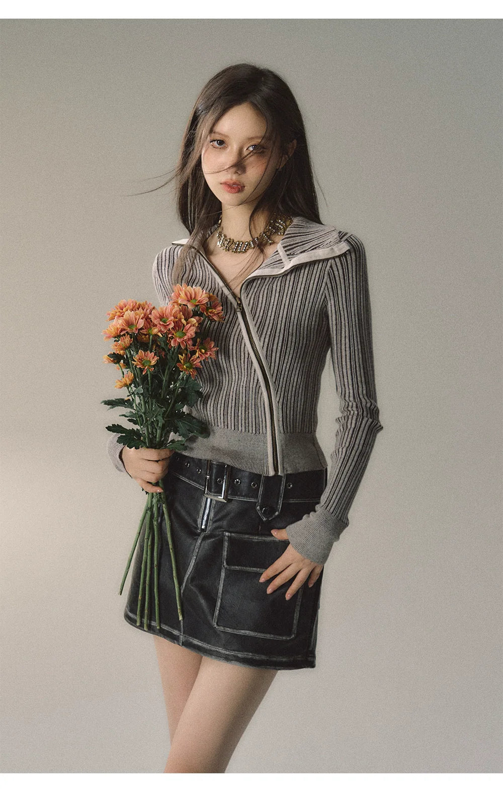 Mocha & Red Zipper Striped Turtleneck