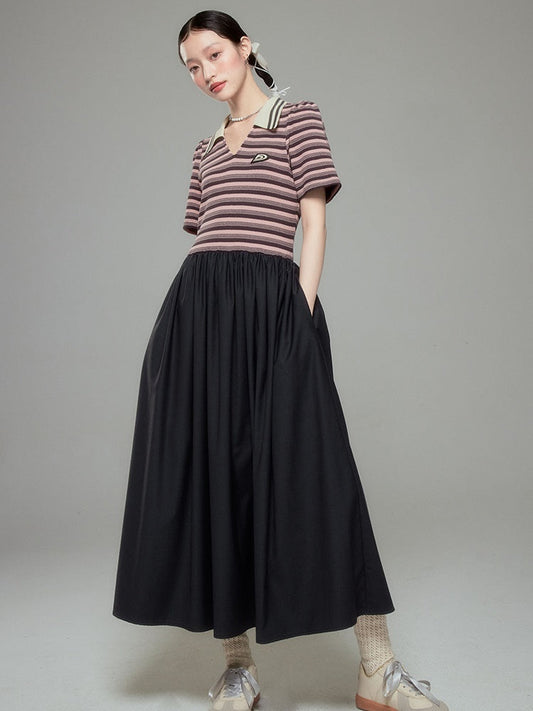 Polo Collar Striped Long One-piece