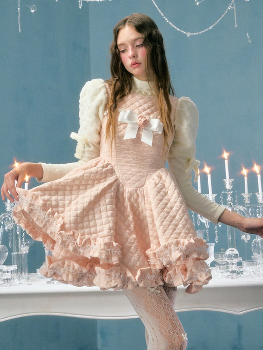 레이스 퀼팅 보우 플라워 브로치 선드레스 &amp; 퍼프 슬리브 탑