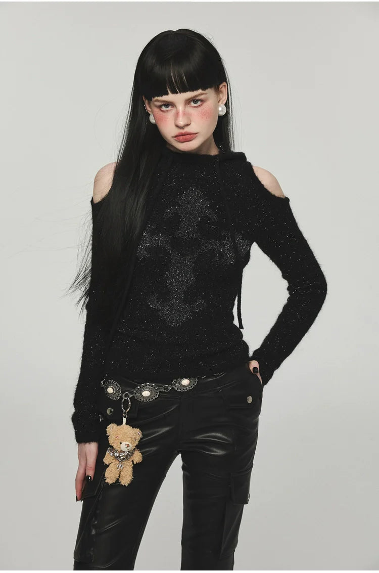 Mohair Off-Shoulder Knit Hoodie