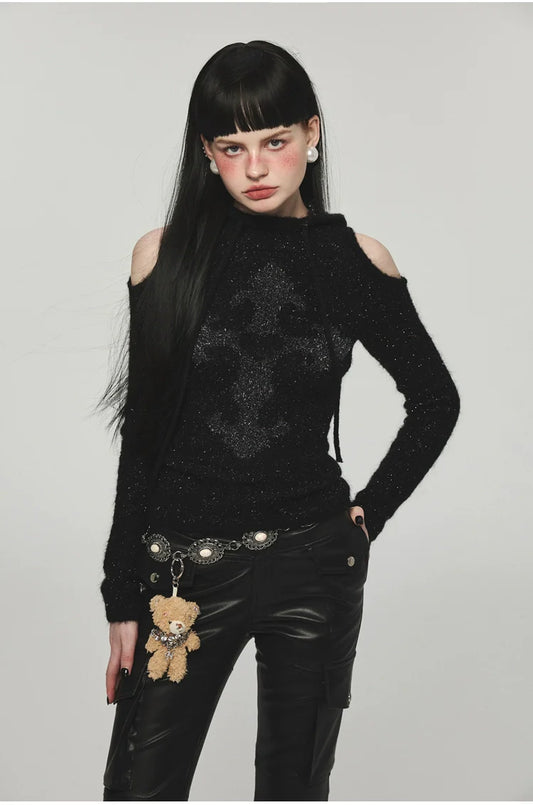 Mohair Off-Shoulder Knit Hoodie