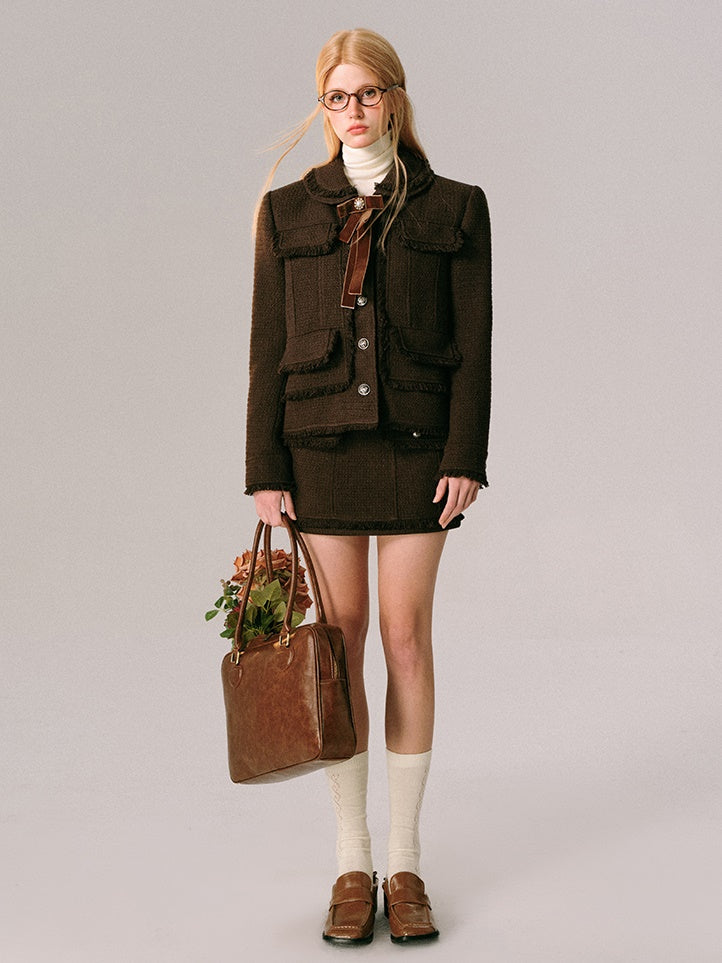 College Style Tweed Short Jacket & Mini Skirt