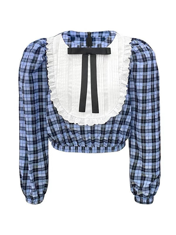 Plaid Bow Brooch Embellished Crop Shirt