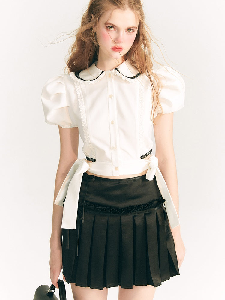 Ribbon Shiny Pleated Skirt