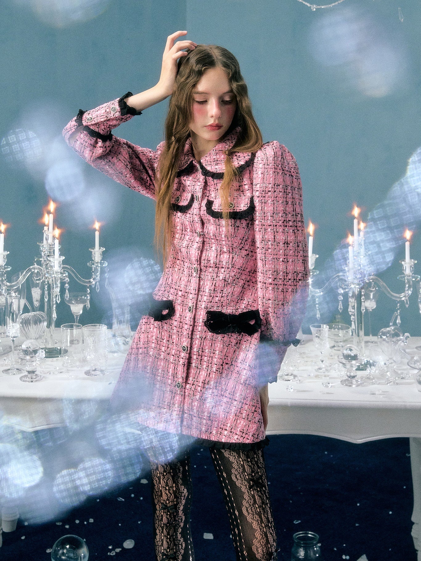 Plaid Doll Collar Lace Bow Puff Sleeve Dress