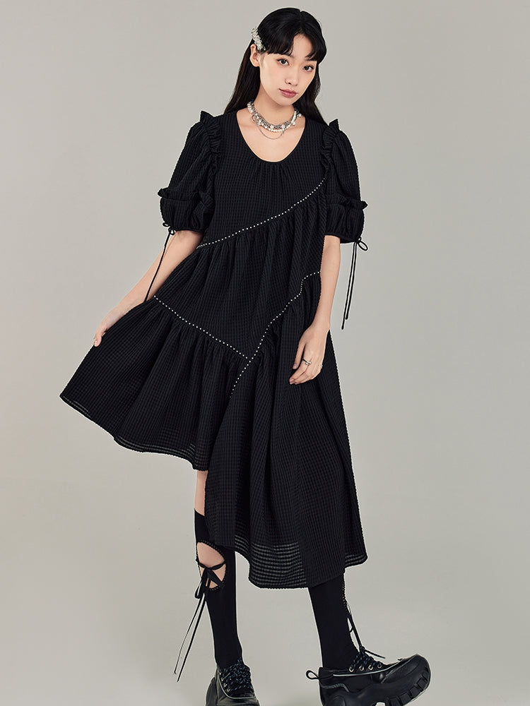 Puff Sleeve Irregular Black Dress