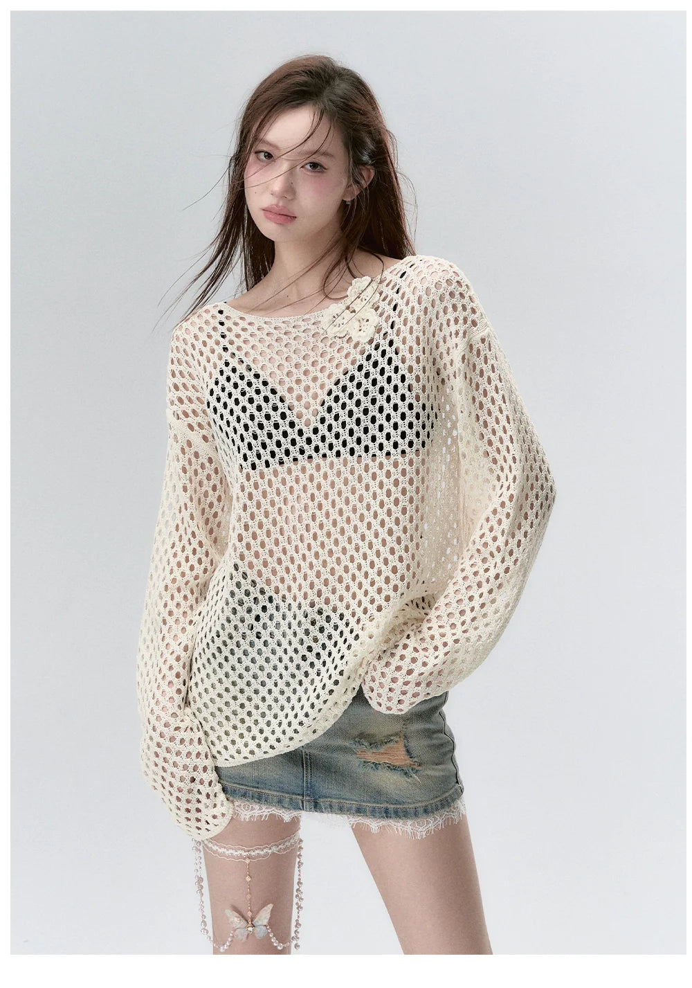 Milk Silk Sheer Mesh Hollow-Out Blouse