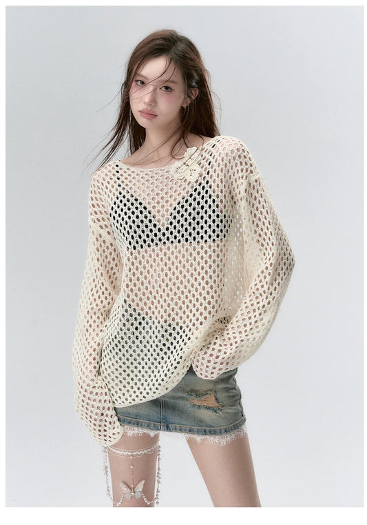 Milk Silk Sheer Mesh Hollow-Out Blouse