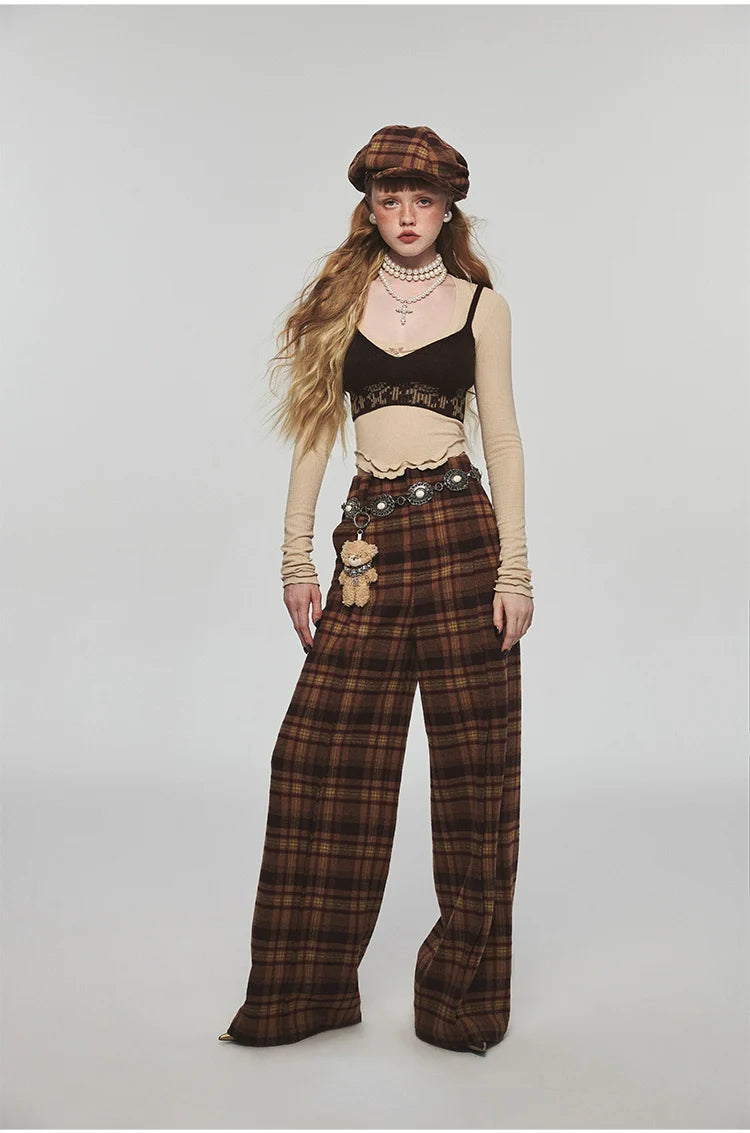 Plaid Woolen Wide-leg Pants