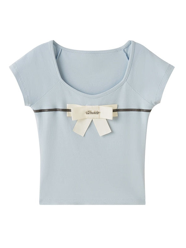 Ribbon Round Neck Slim T-Shirt