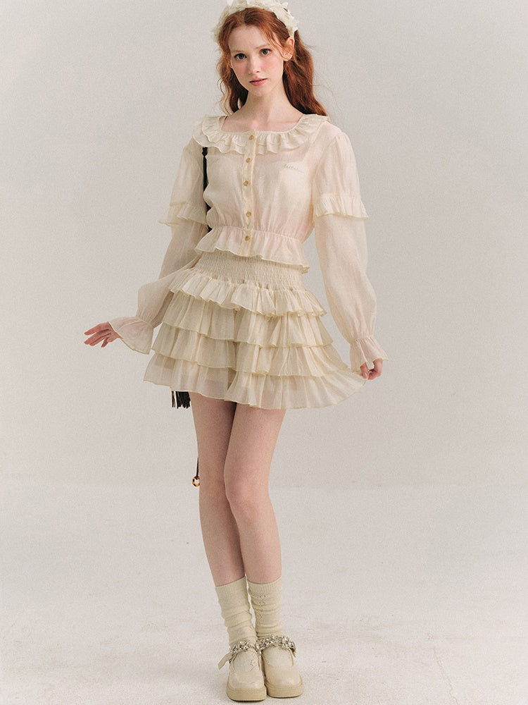 Shimmer Ruffle Collar Shirt & Cake Skirt