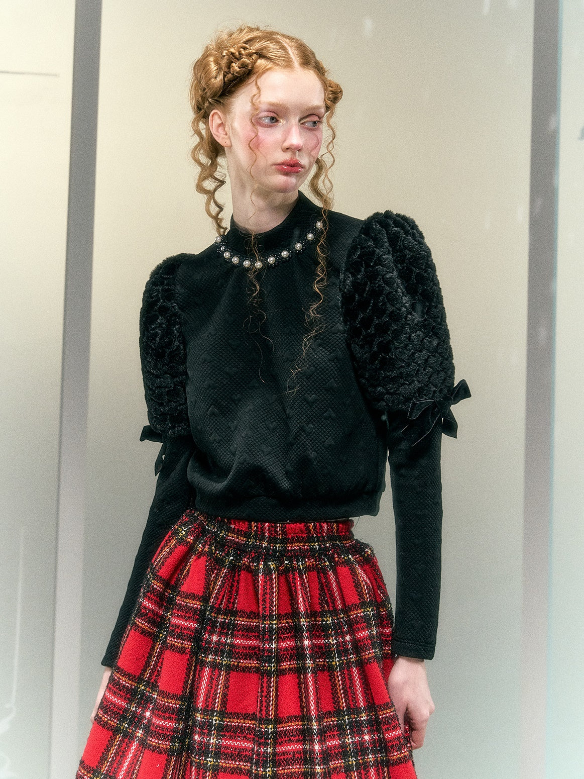 사랑 모피 소매 활 진주 장식 짧은 탑 