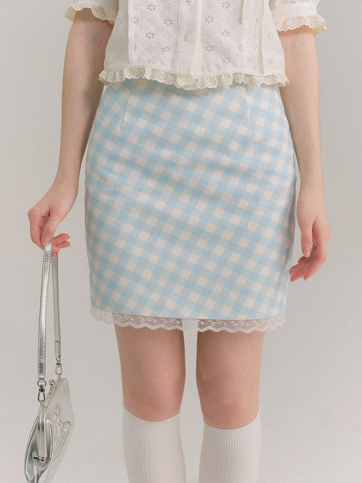 Plaid Lace Stitch A-Line Mini Skirt