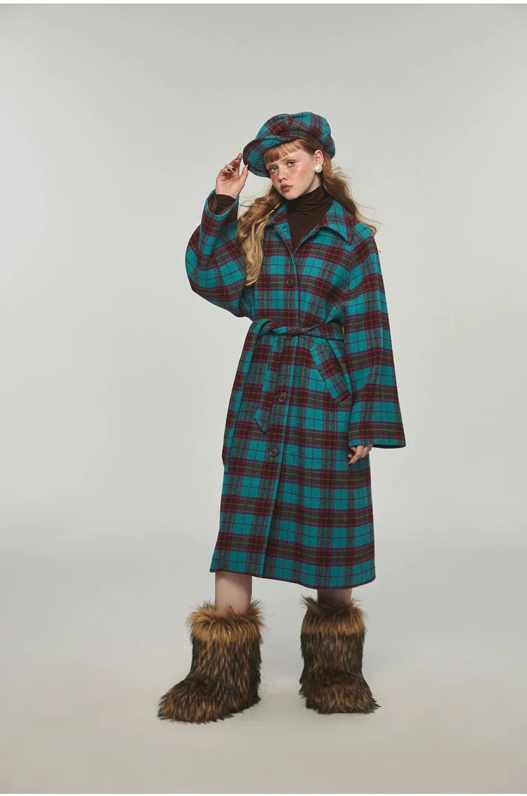 Plaid Classic  Belted Waist Woolen Overcoat