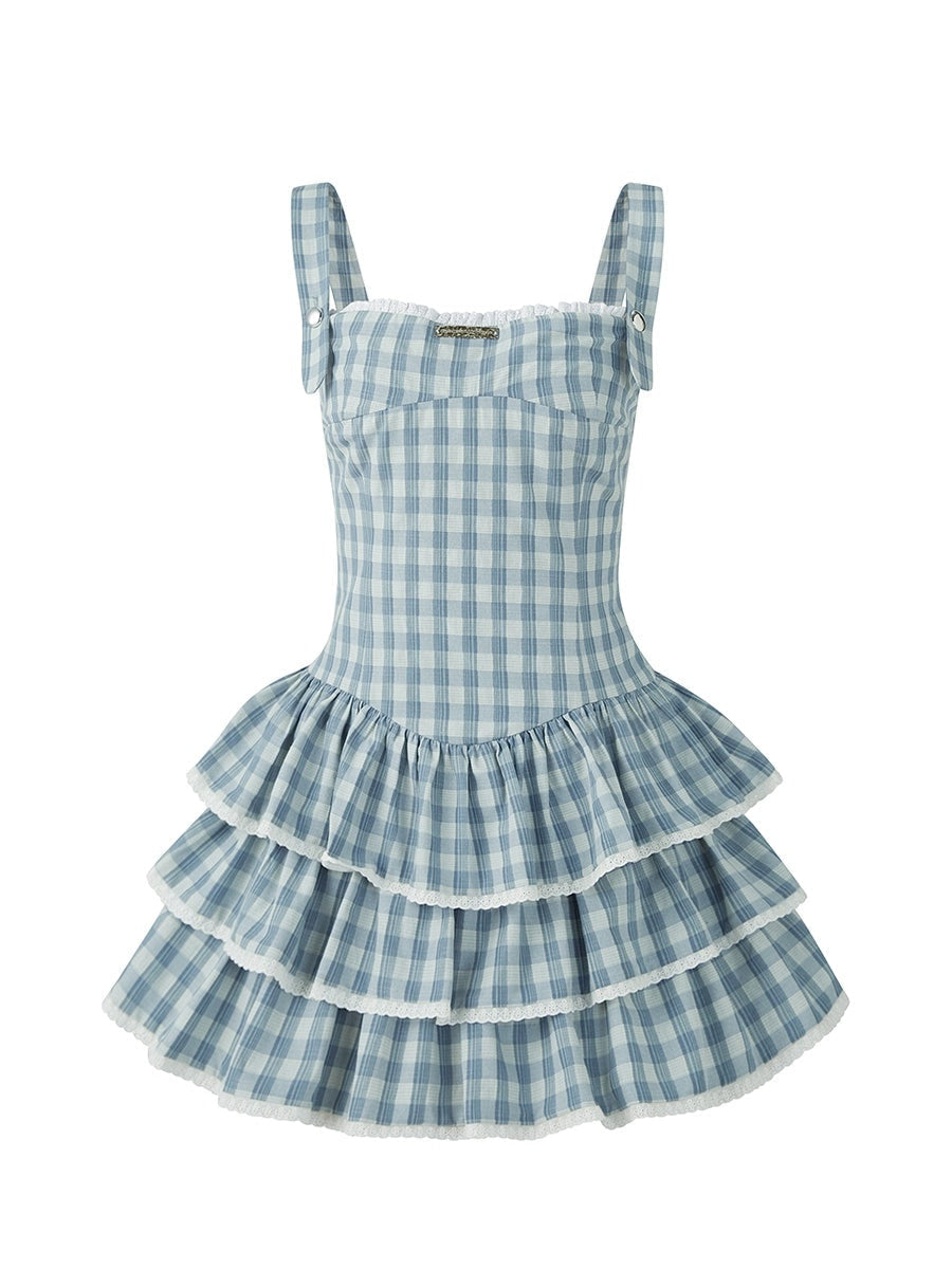 Plaid Strap Puff Skirt Dress