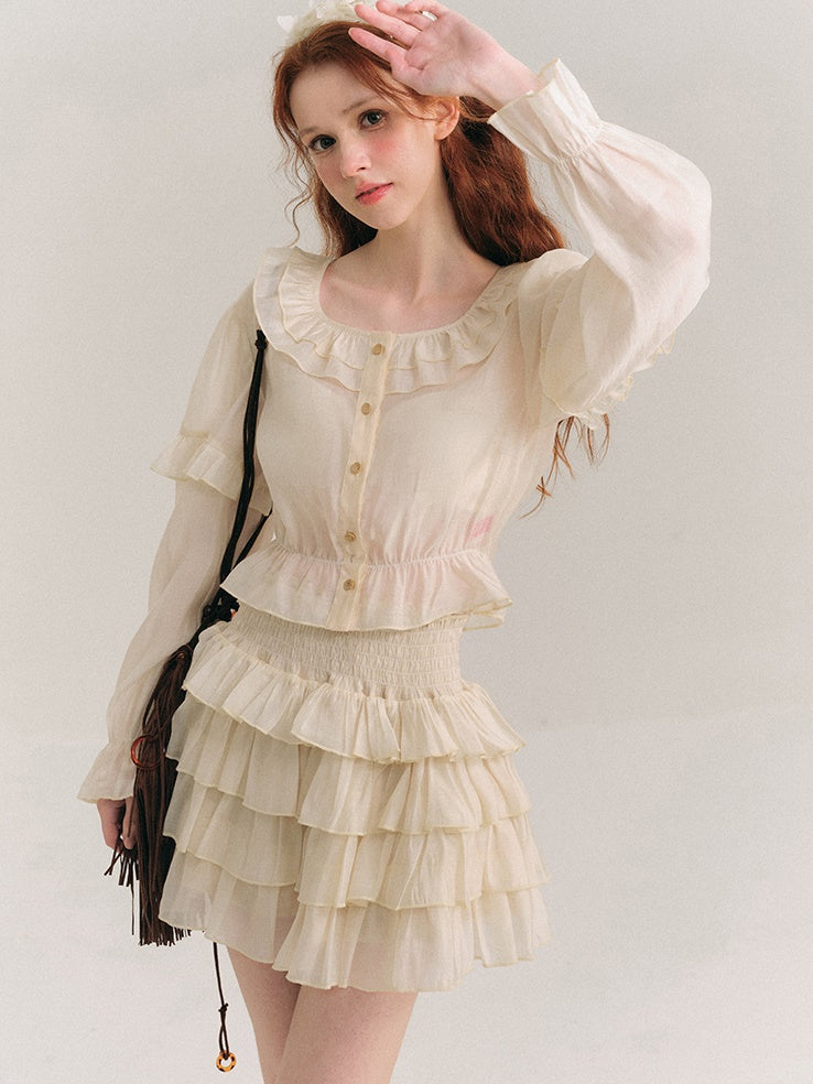 Shimmer Ruffle Collar Shirt & Cake Skirt