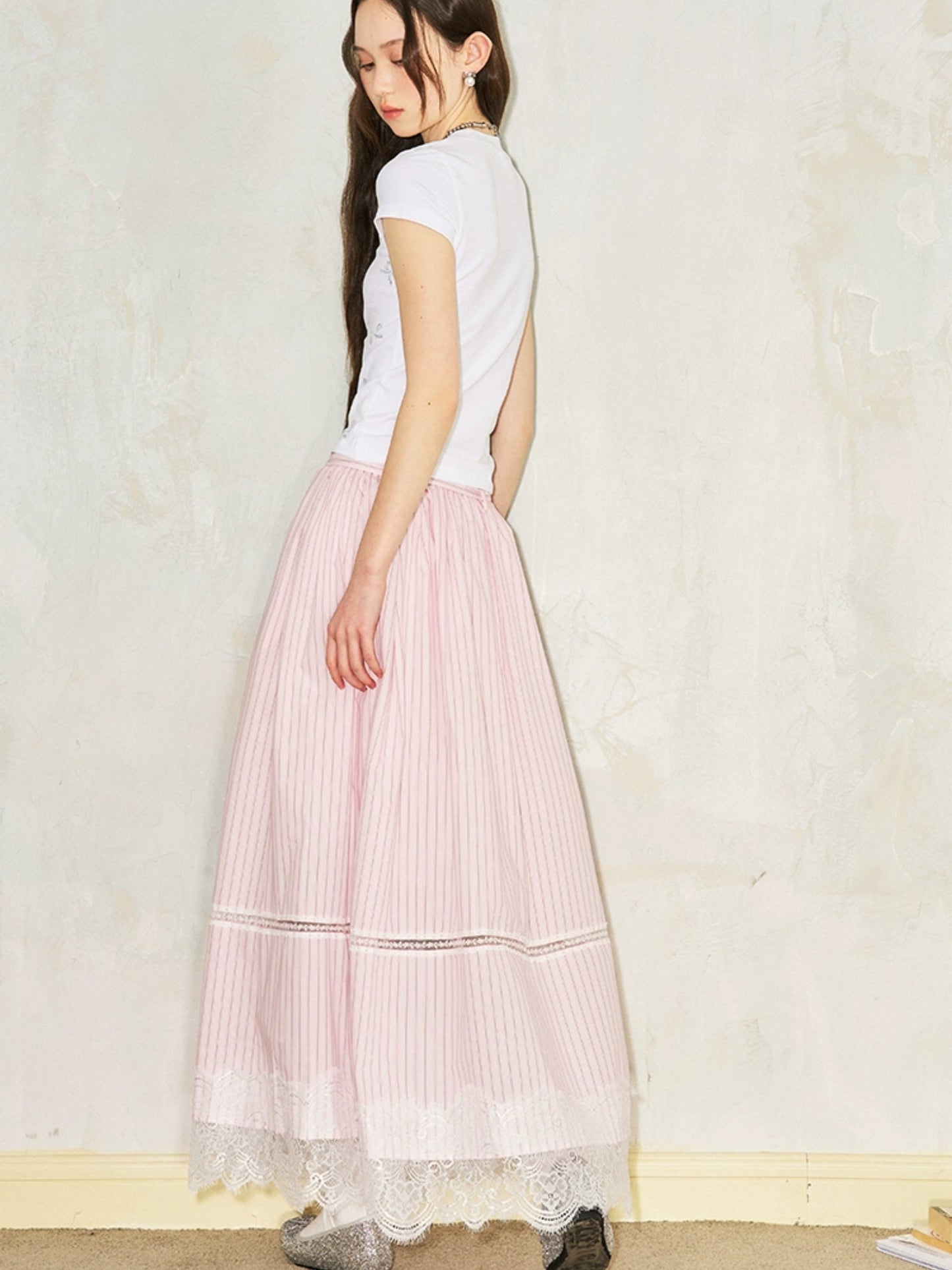 Striped Lace Hollow Long Gather Skirt