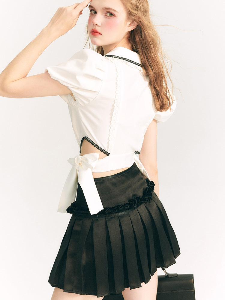 Ribbon Shiny Pleated Skirt