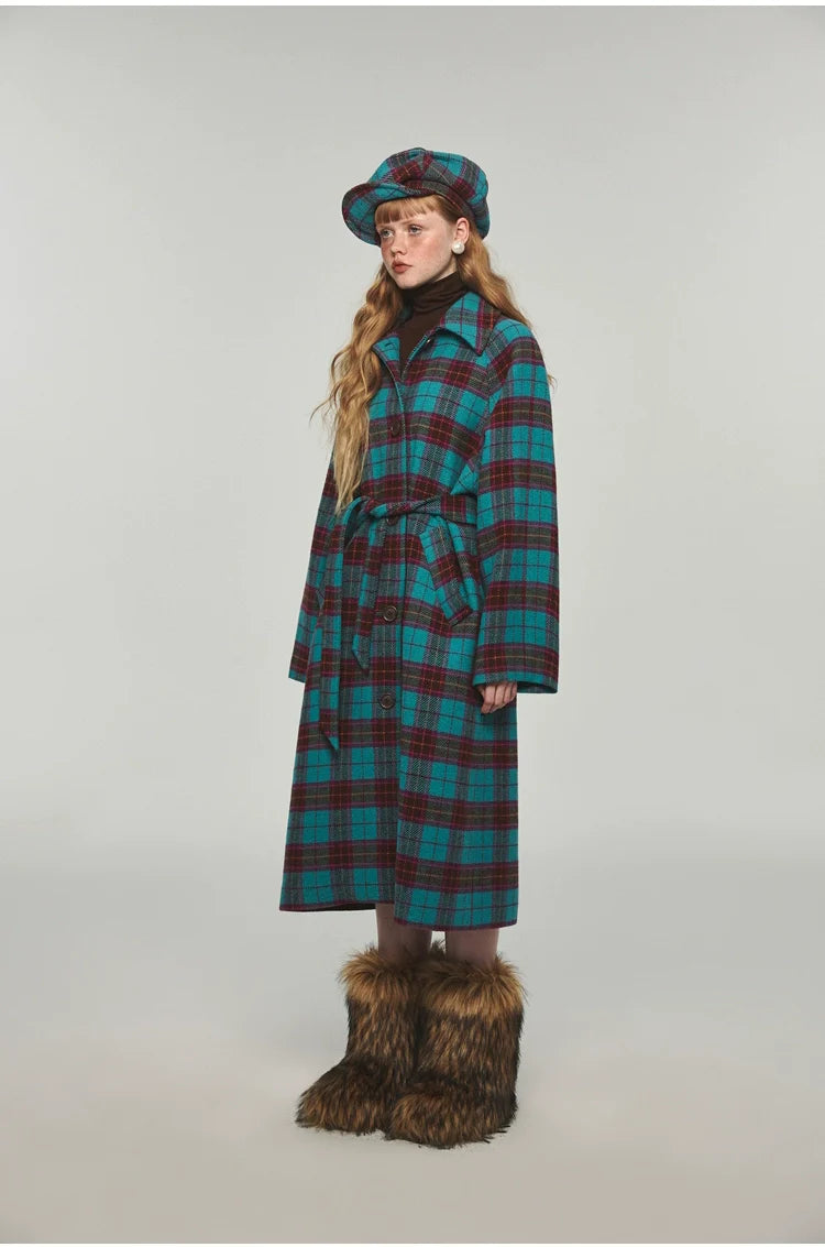 Plaid Classic  Belted Waist Woolen Overcoat