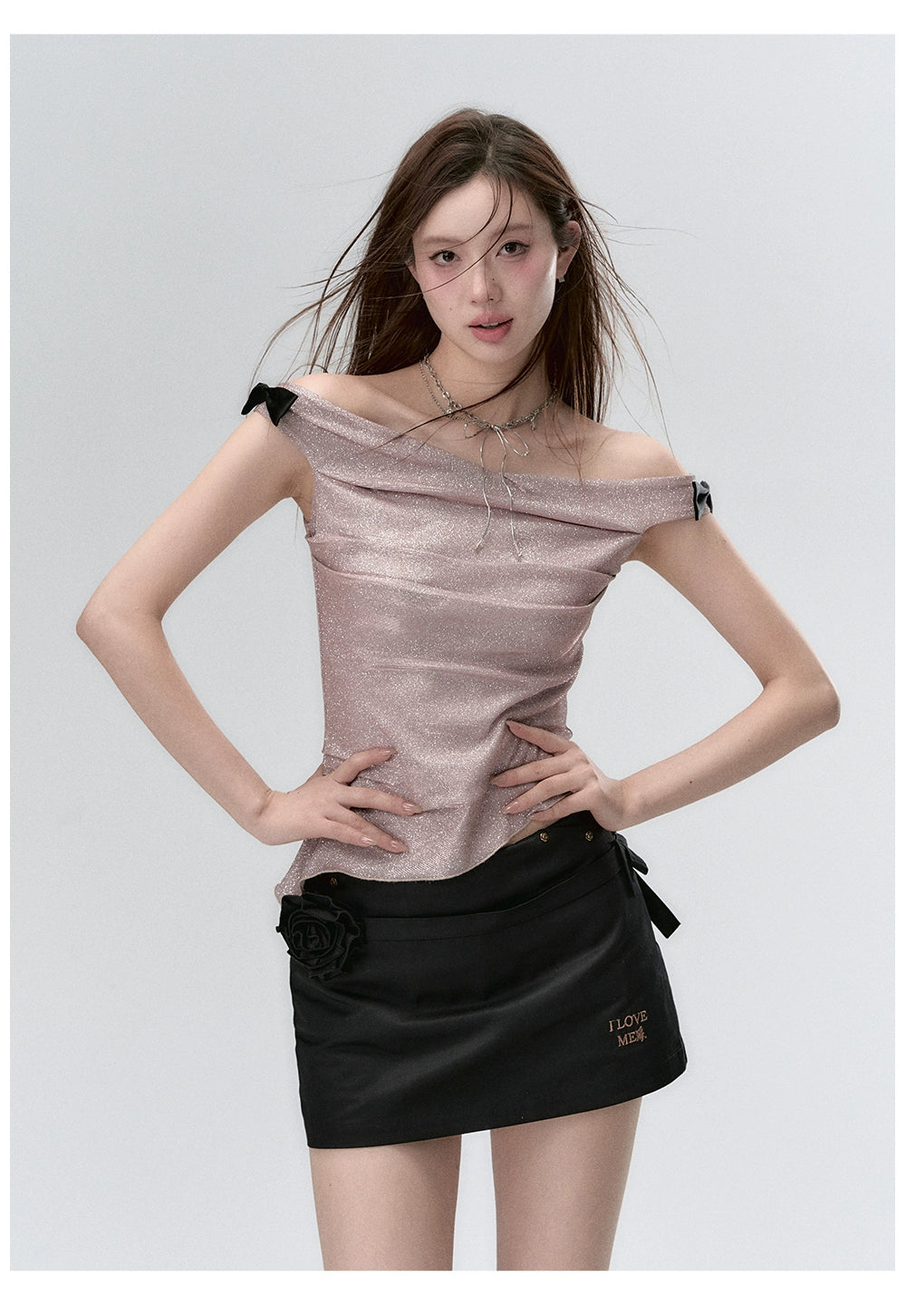 "I LOVE ME" Embroidered Rose Belt A-Line Mini Skirt