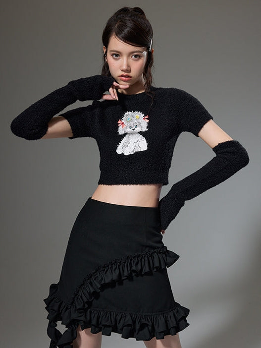 Puppy Embroidered Short Sleeve Knit Sweater