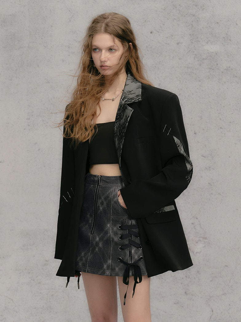 레이스 스티치 배색 루즈 재킷 