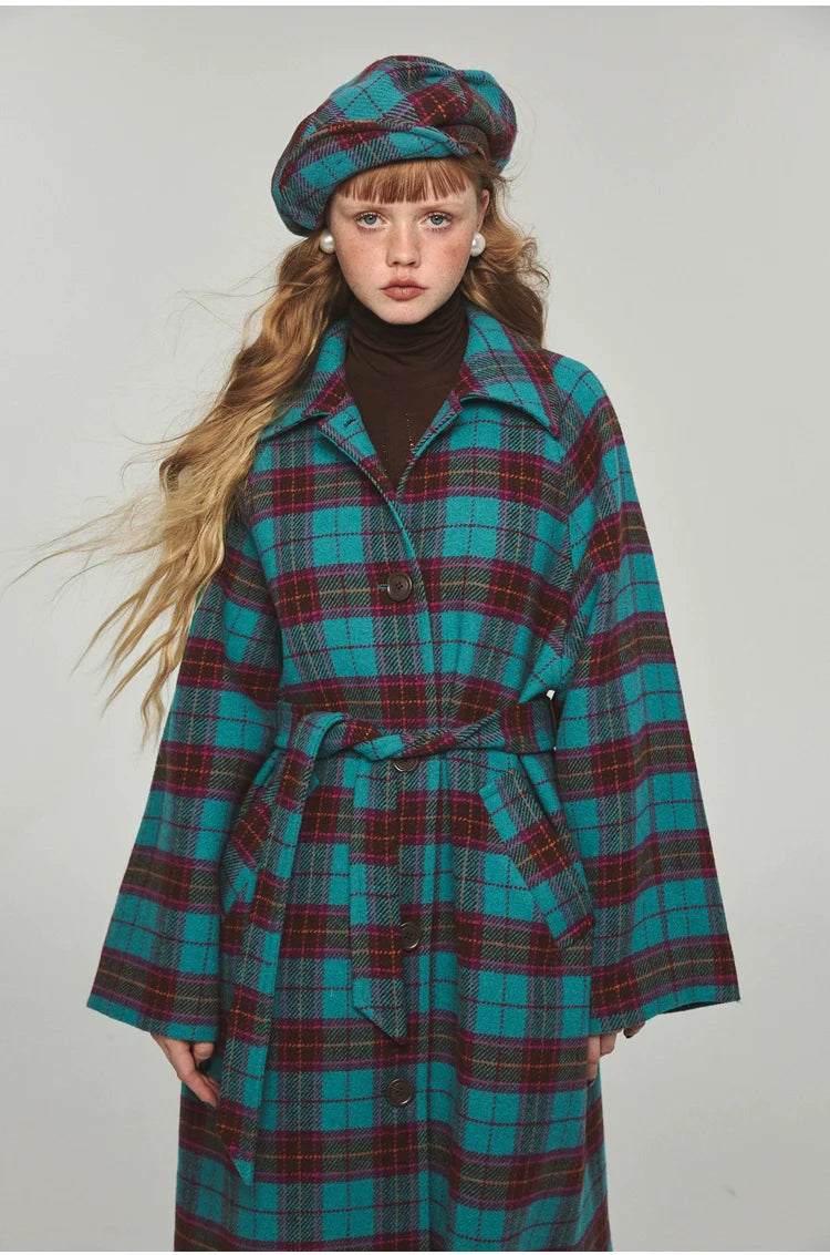 Plaid Classic  Belted Waist Woolen Overcoat