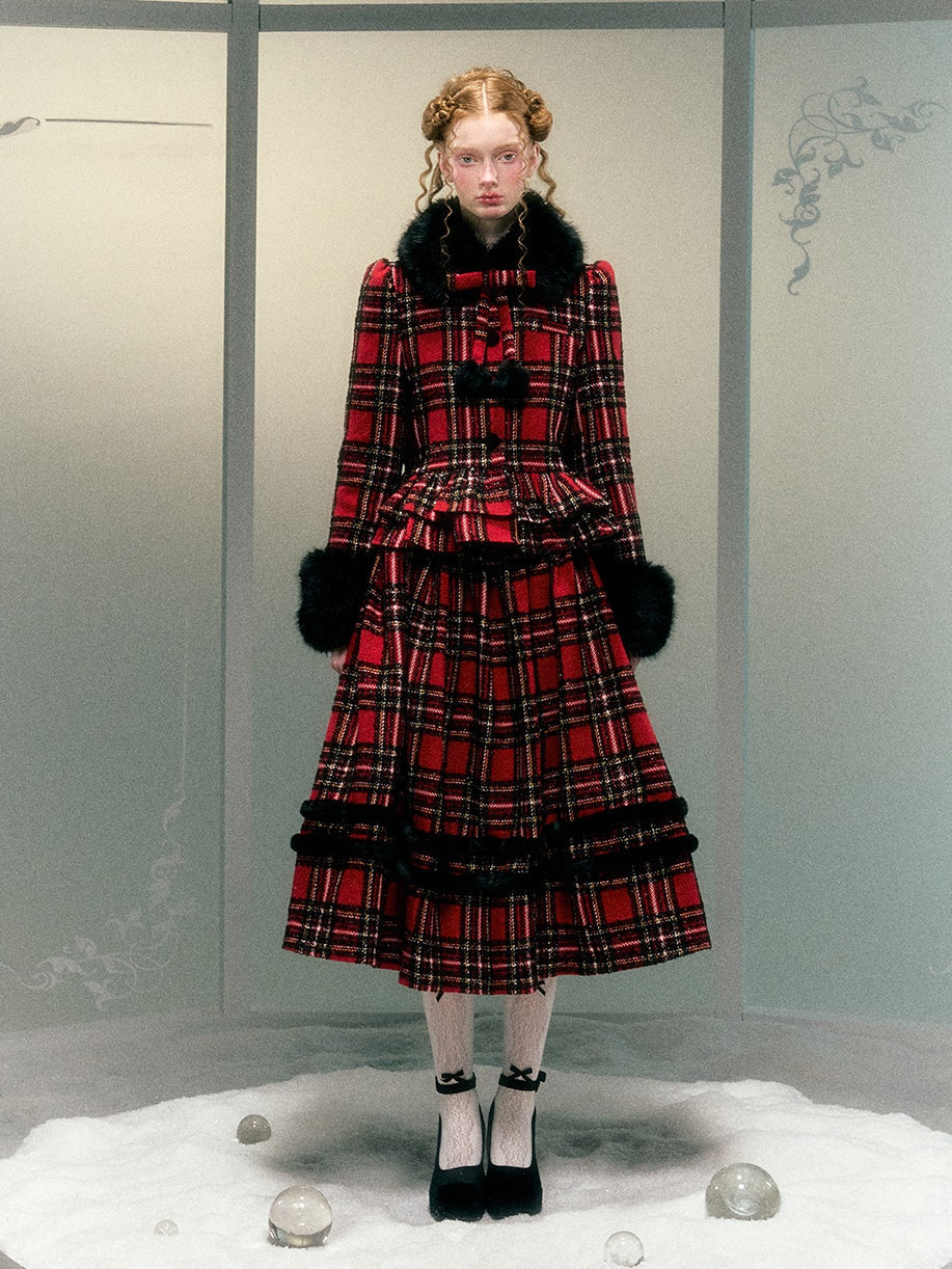 Plaid Detachable Fur Collar Fur Ball Short Coat & Mid-Length Skirt