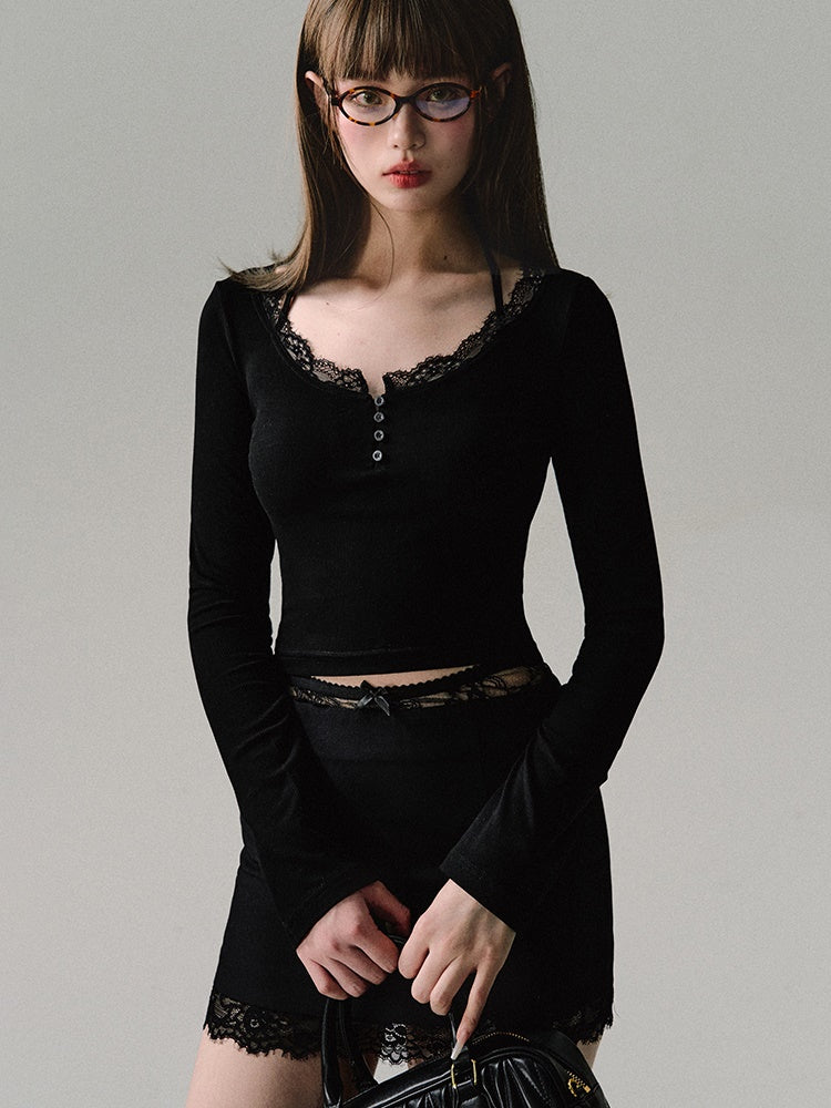 로우 웨이스트 레이스 스플라이싱 스트레이트 스커트 