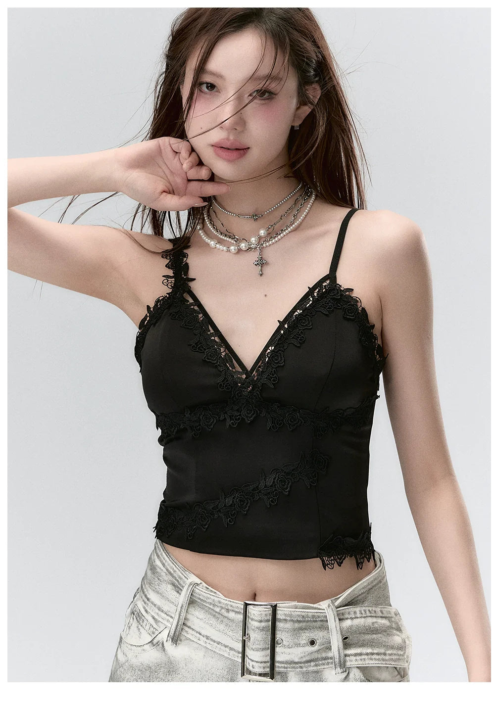 Lace Panelled Spaghetti Strap Tank Top
