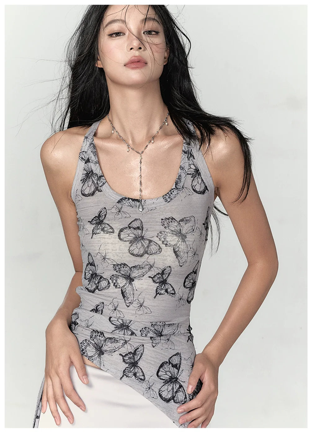 Purple & Grey Butterfly Print Irregular Strappy Vest