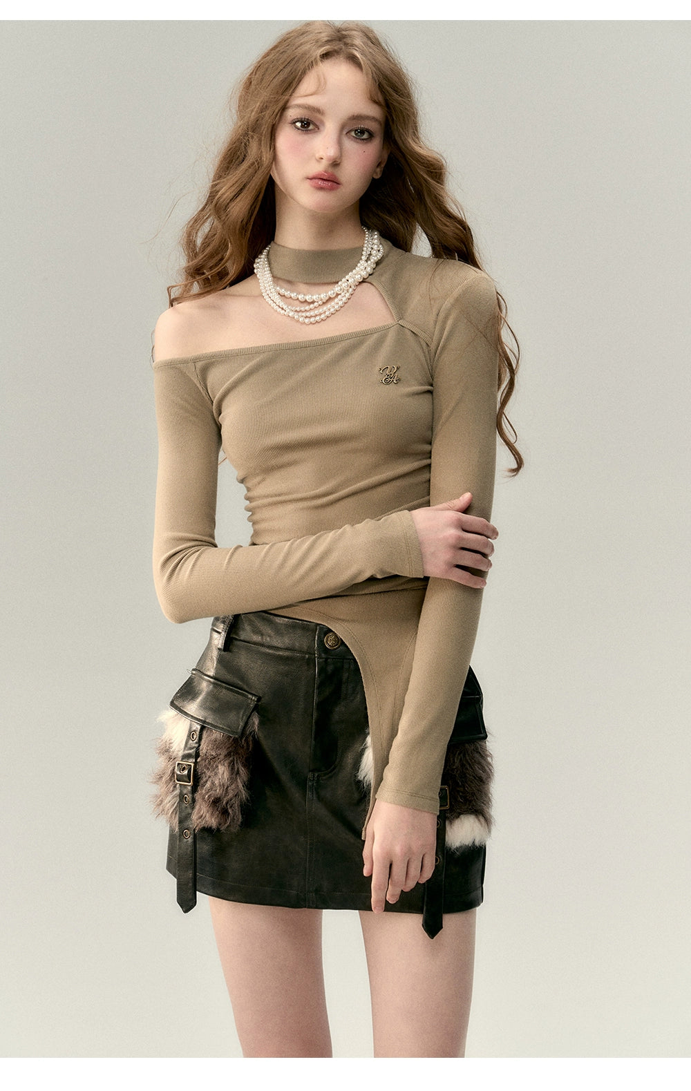 Tricolor Hollow Out  Long Sleeve Blouse