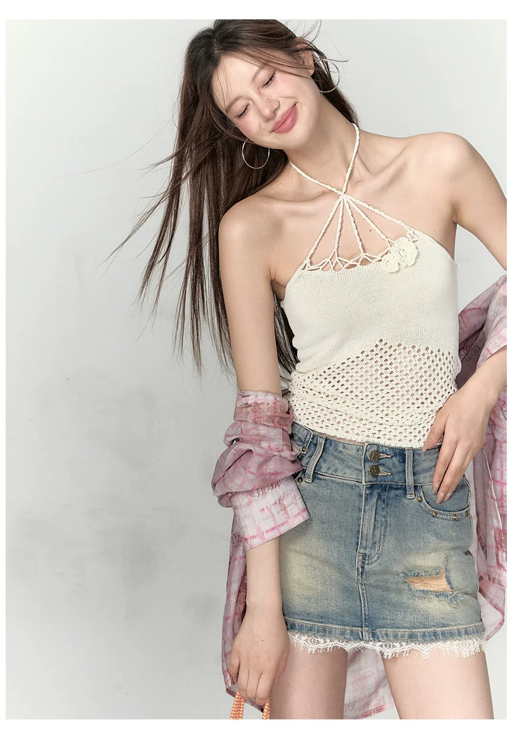 Rose Knitted Hollow Out Spaghetti Strap Tank Top