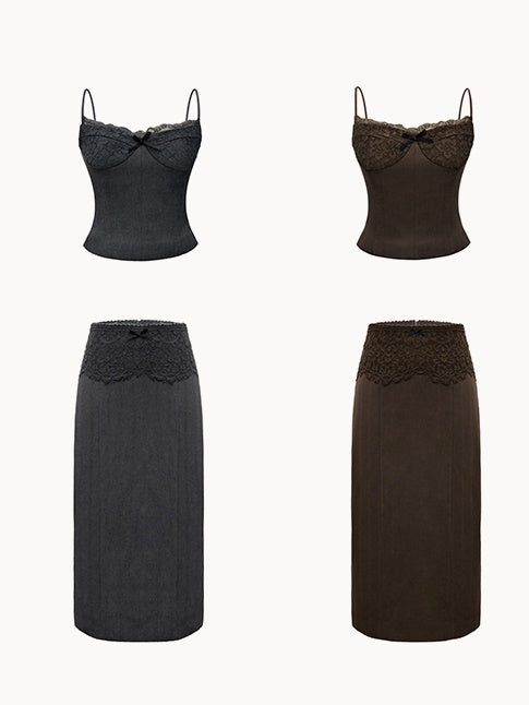 Slim Fit Lace Stitch Camisole ＆ Spliced Skirt