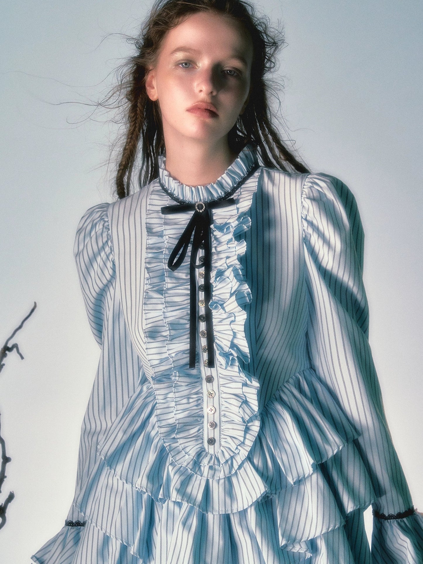 Stripes Puff Sleeves High Waist Shirt Cake Dress