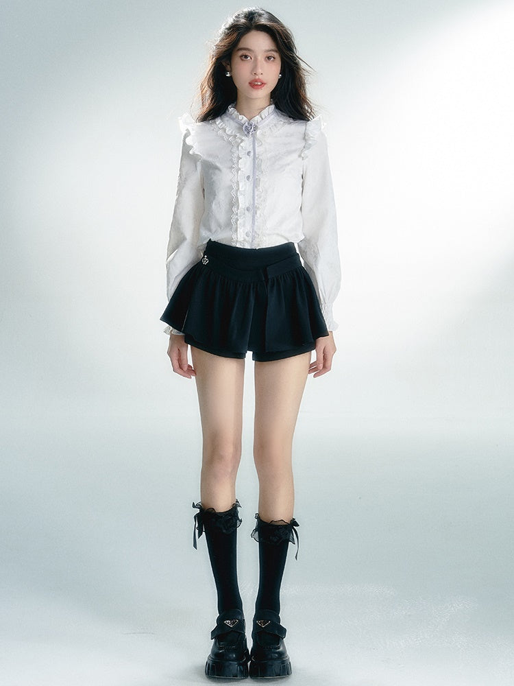 긴팔 레트로 레이스 프릴 셔츠 