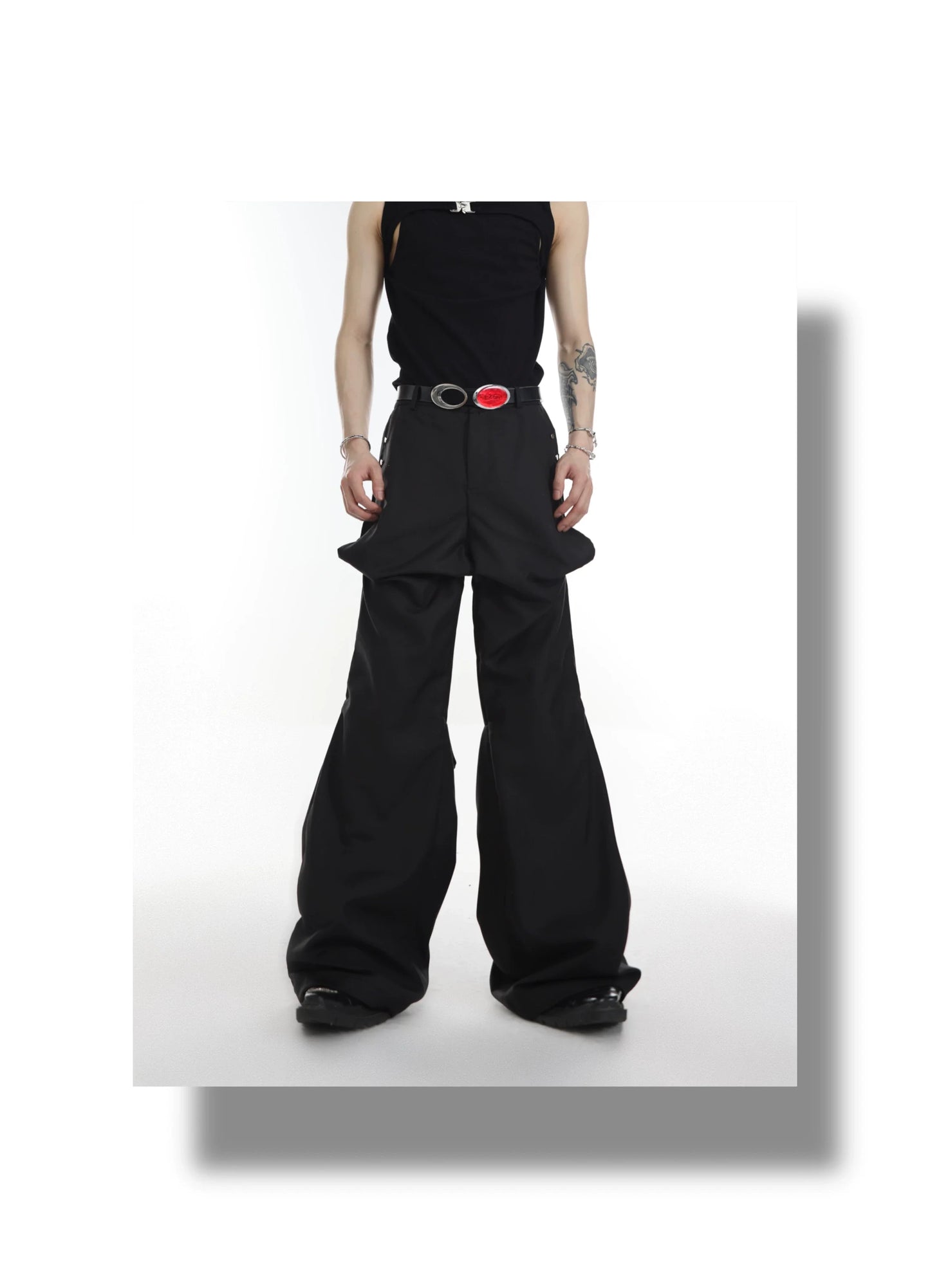 Versatile High-Waisted Flared Pants with Spliced and Metal Button Detail