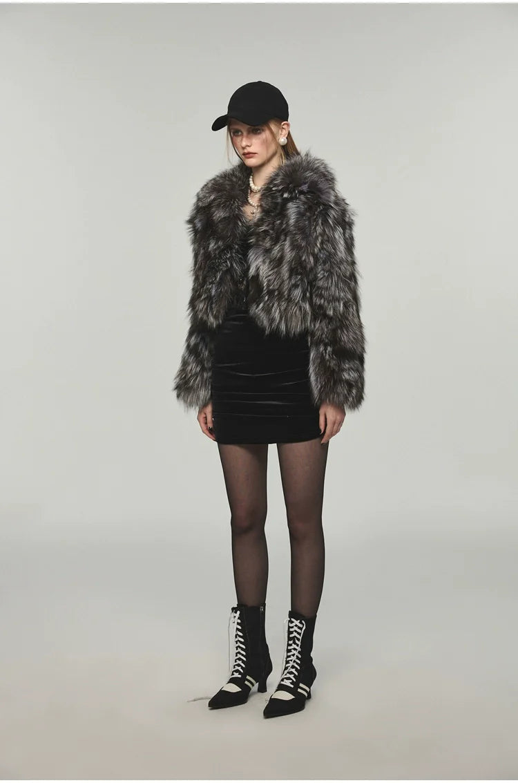 Turn-down Collar Silver Fox Fur Short Coat