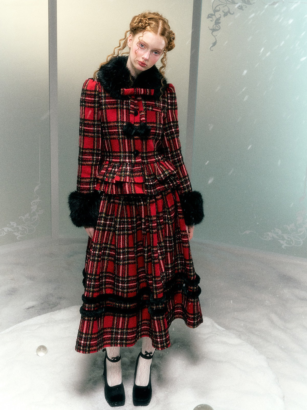 Plaid Detachable Fur Collar Fur Ball Short Coat & Mid-Length Skirt