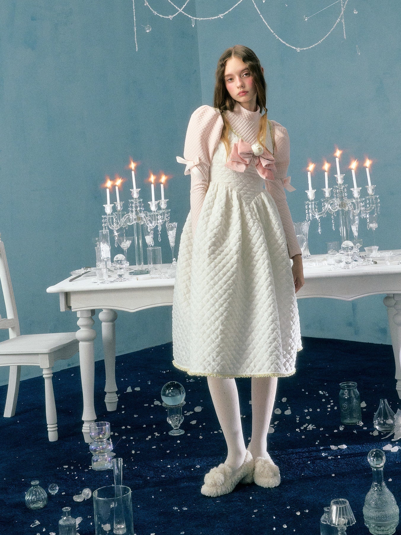 레이스 리본 플라워장식 패딩 서스펜더 드레스&amp;퍼프슬리브 탑