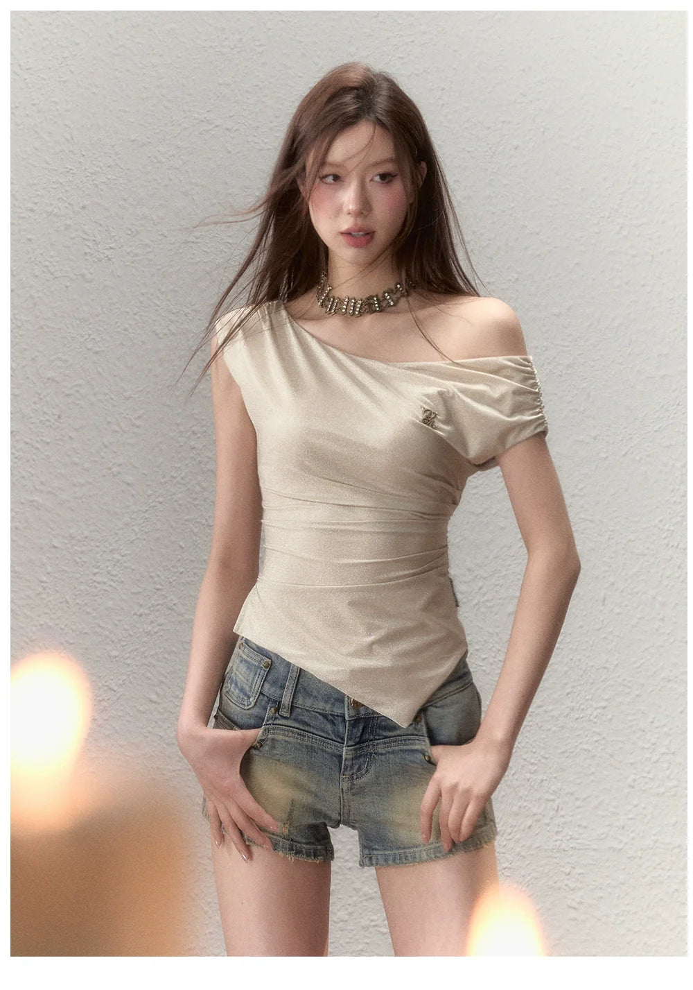 Irregular Pleated Short-Sleeve T-Shirt