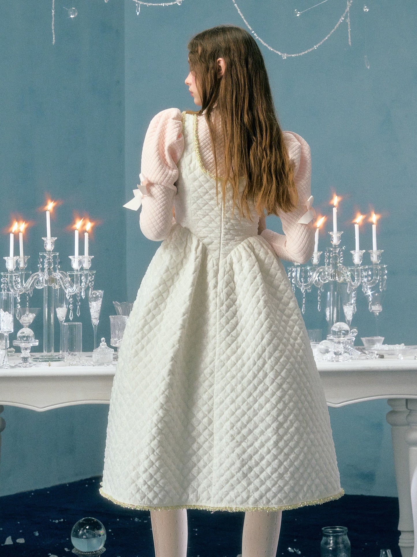 레이스 리본 플라워장식 패딩 서스펜더 드레스&amp;퍼프슬리브 탑