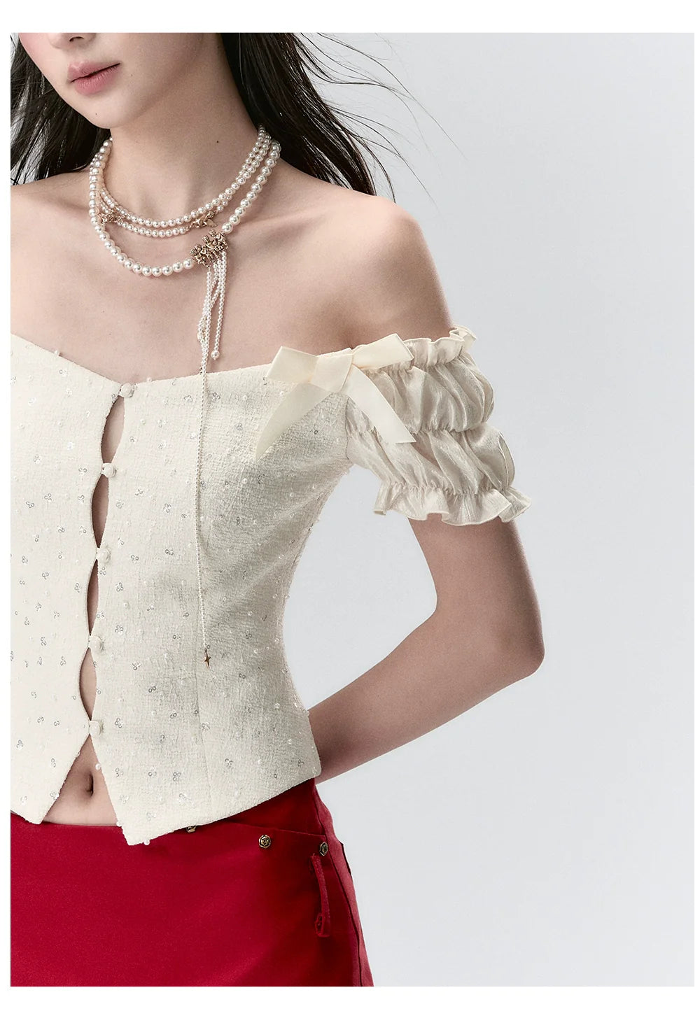 Off-the-Shoulder Sparkly 3D Pearl Mesh Blouse