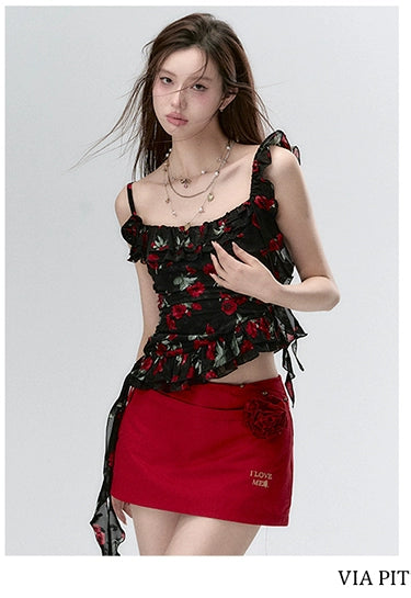 "I LOVE ME" Embroidered Rose Belt A-Line Mini Skirt