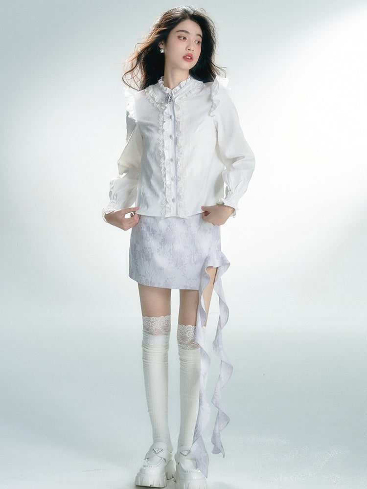 긴팔 레트로 레이스 프릴 셔츠 