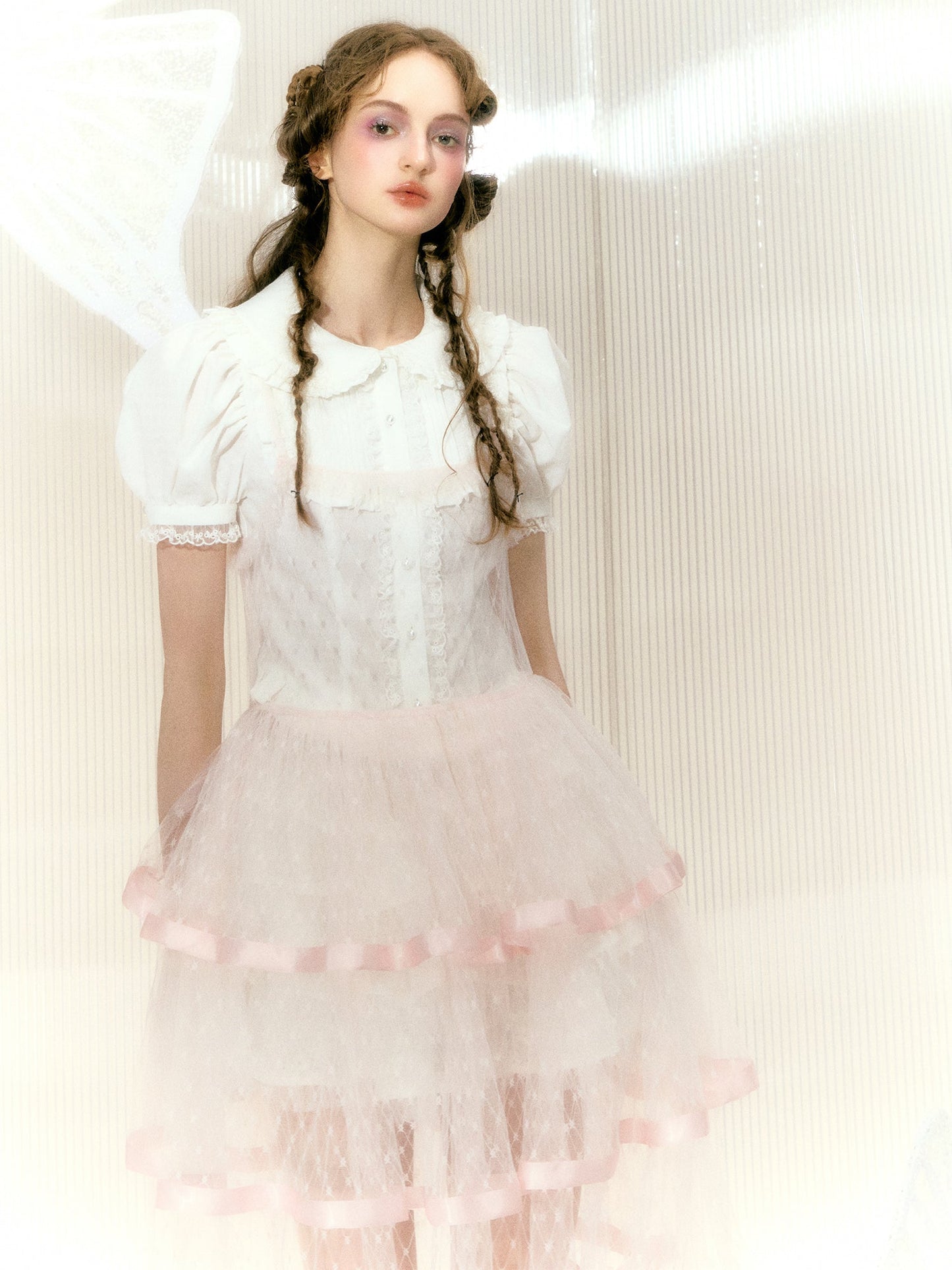 레이스 리본 메쉬 서스펜더 케이크 드레스