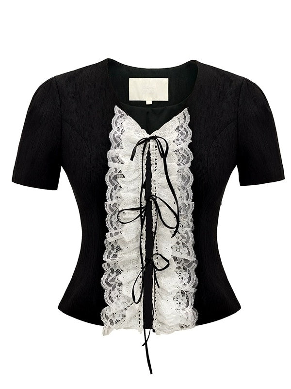 레이스 자수 플래킷 반소매 티셔츠 