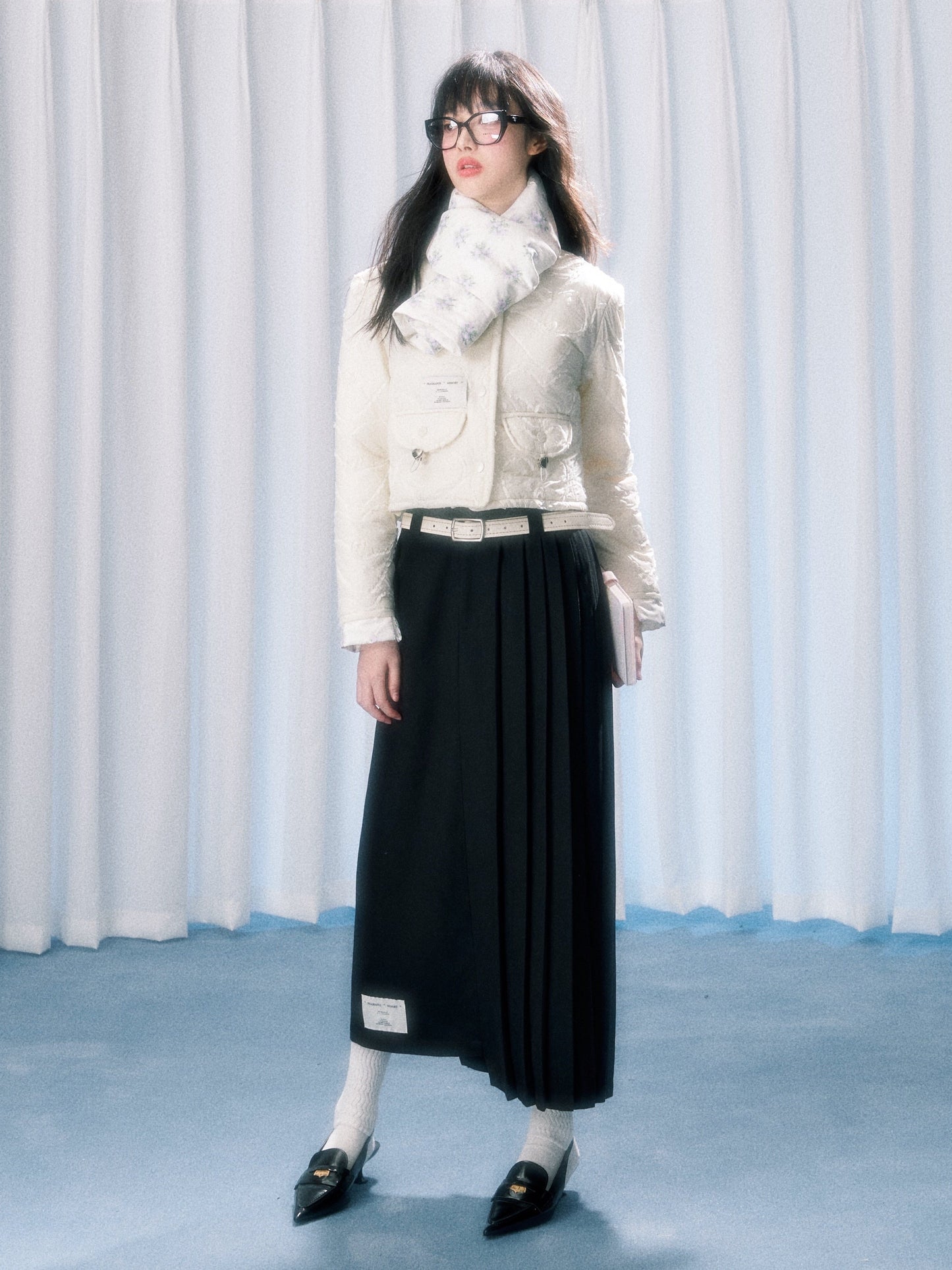 롱 비대칭 플리츠 스커트 