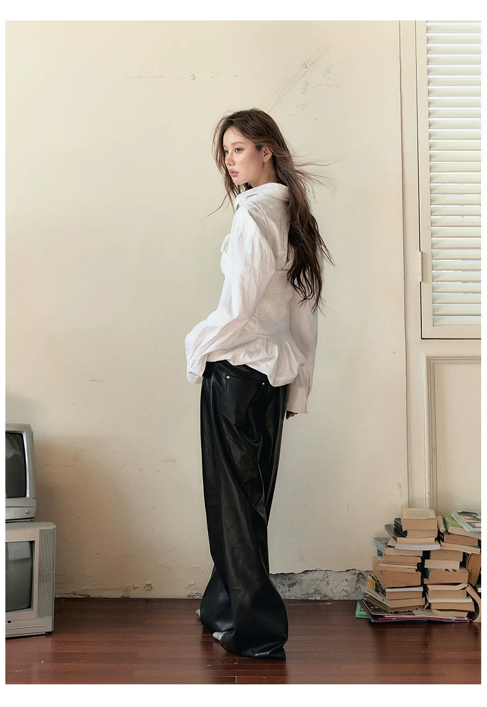 Black Loose-fitting Studded PU Leather Pants