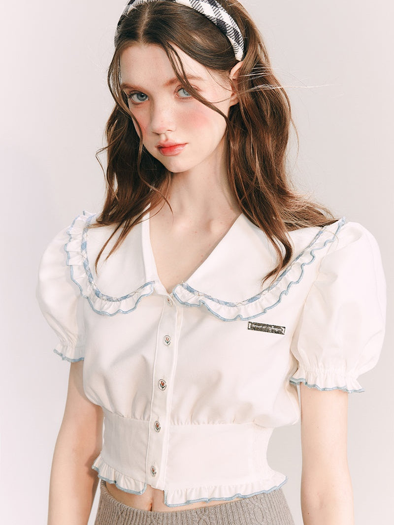 Short Puff Sleeves Doll Collar Shirt